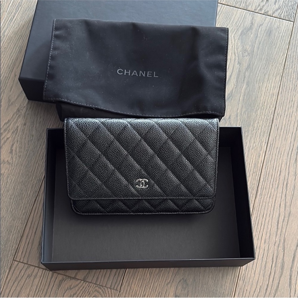 CHANEL Black Quilted Leather Wallet On Chain